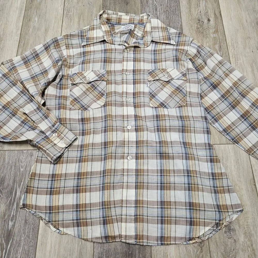 Levi Strauss & Co Vintage Tan Beige Plaid Button Up Shirt Long Sleeve Men's XL